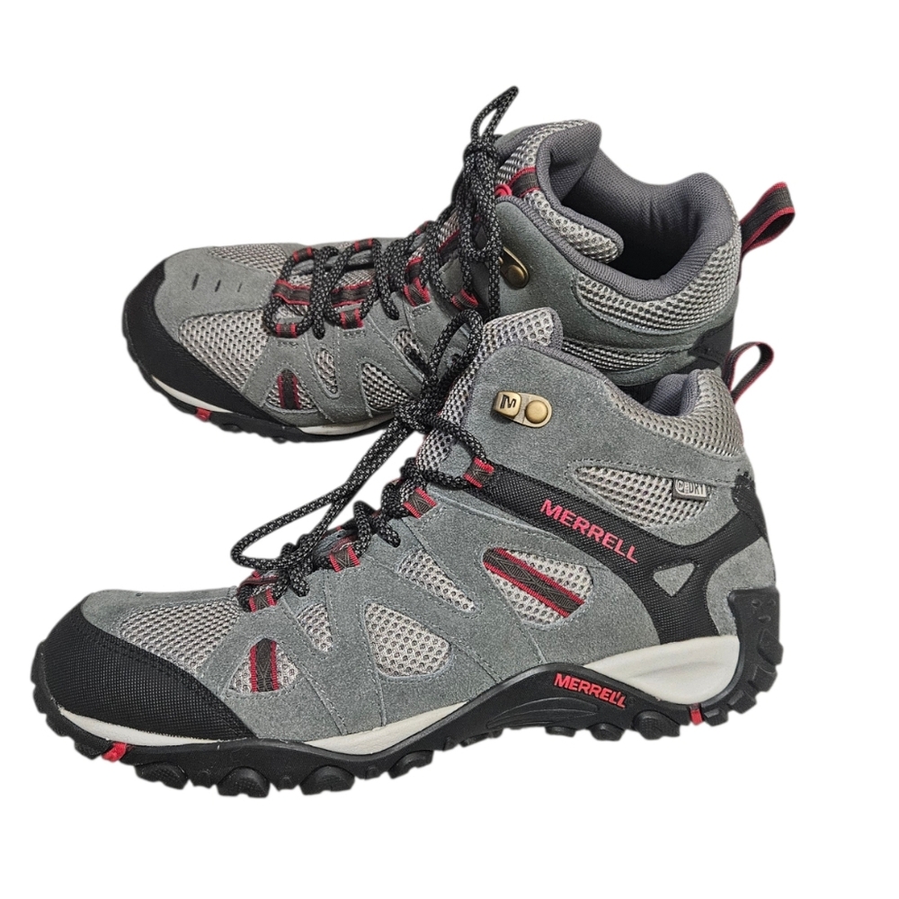 Merrell Gray and Black Mid Athletic Hiking Trail Boots with Red Accents Womens